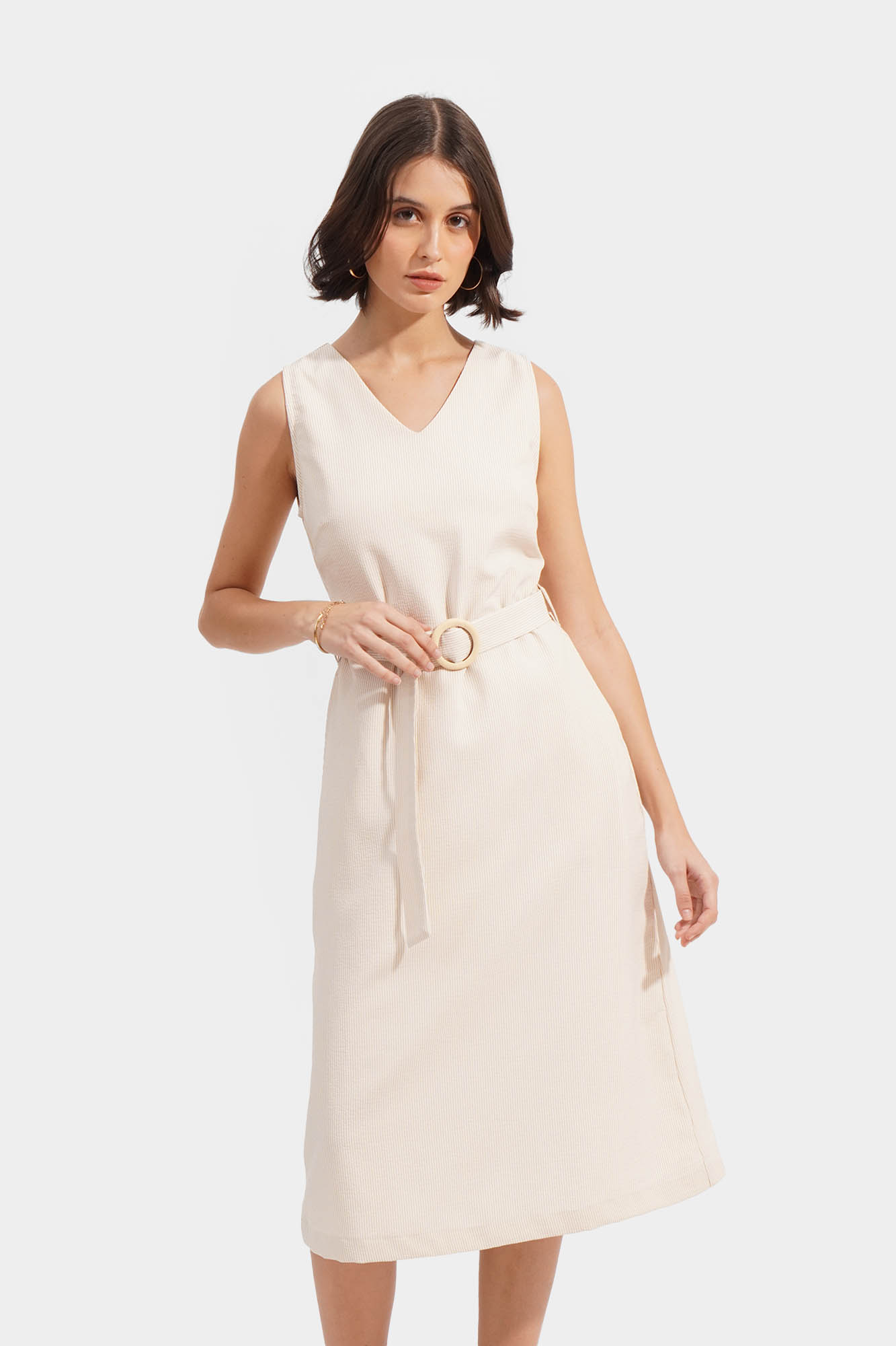Buttoned V-Neck Belted Sleeveless Dress