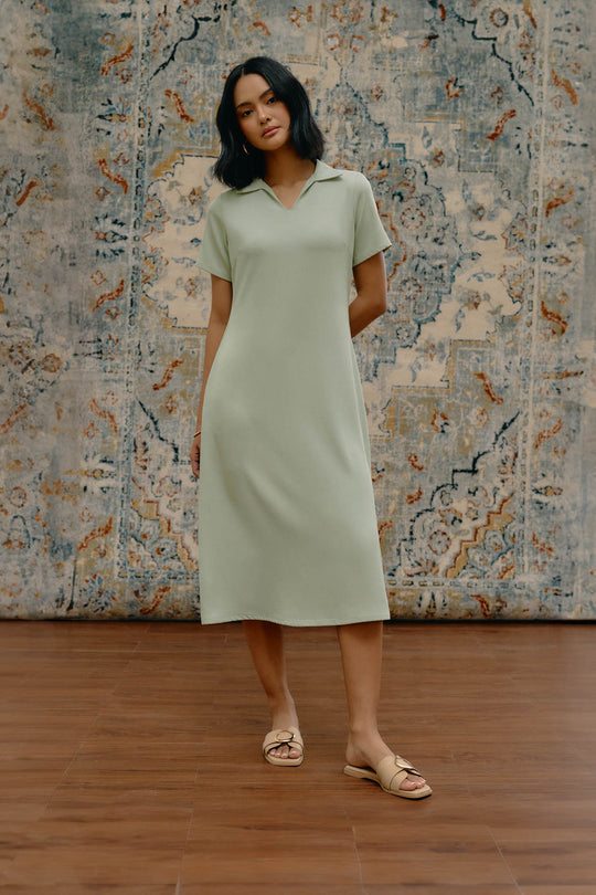 Cap Sleeves Collared V-Neck Midi Dress