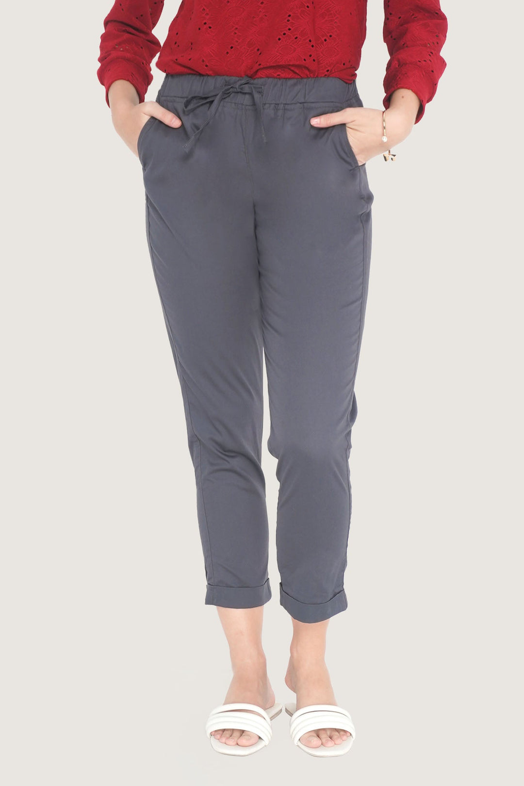 Closet Staples Mid Waist Cropped Trousers With Elastic Waistband