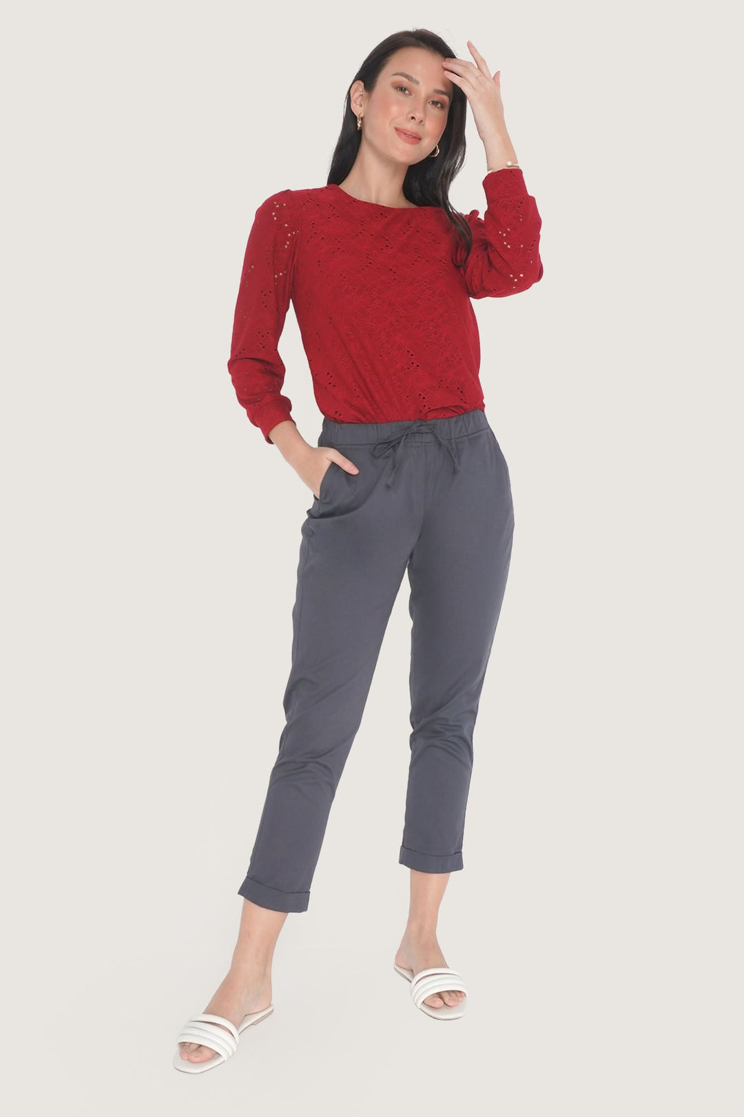 Closet Staples Mid Waist Cropped Trousers With Elastic Waistband