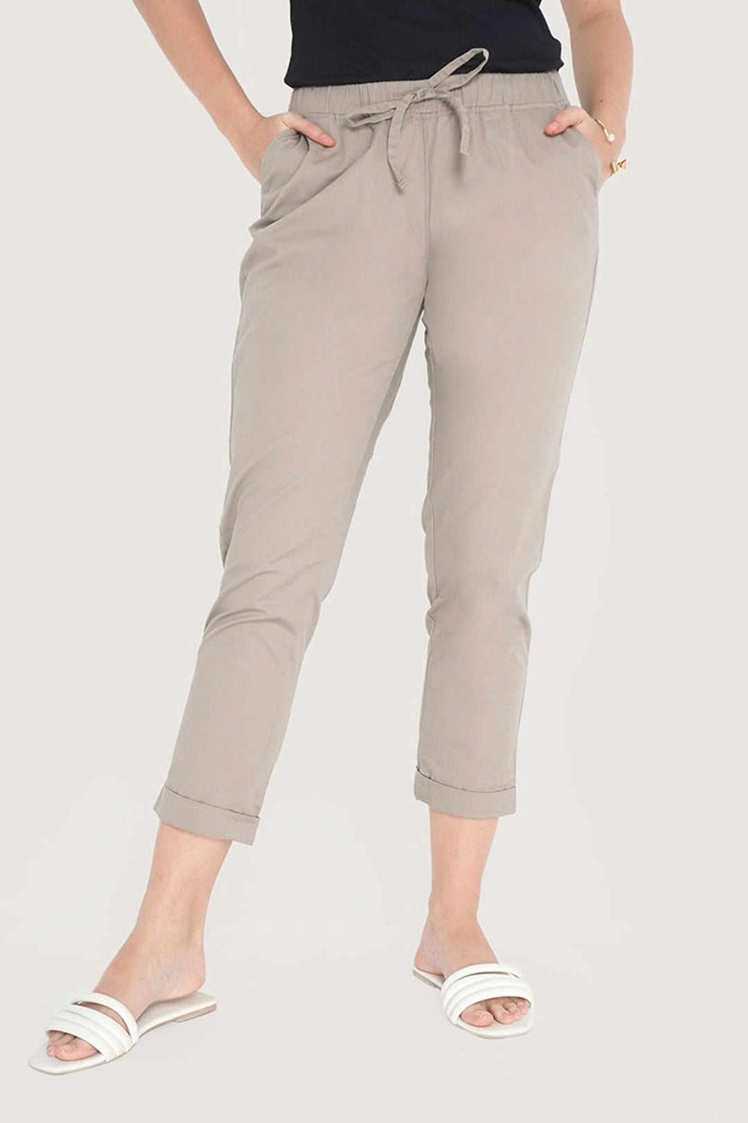 Closet Staples Mid Waist Cropped Trousers With Elastic Waistband