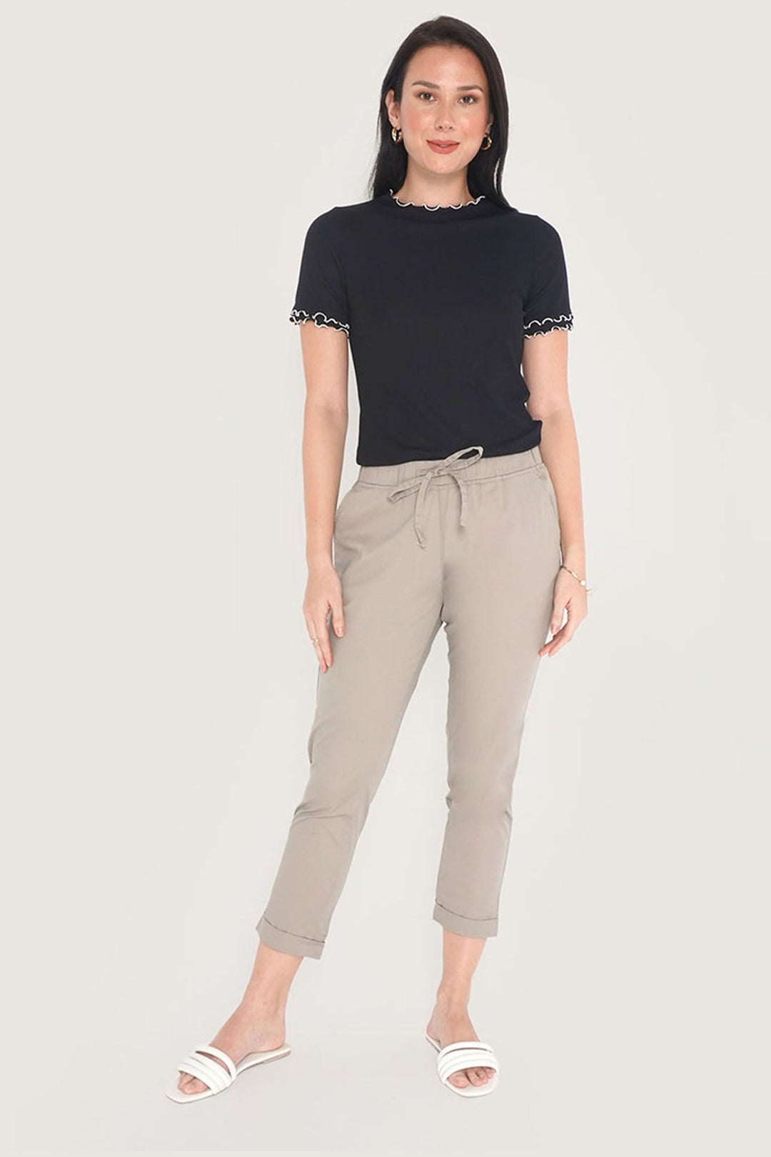 Closet Staples Mid Waist Cropped Trousers With Elastic Waistband