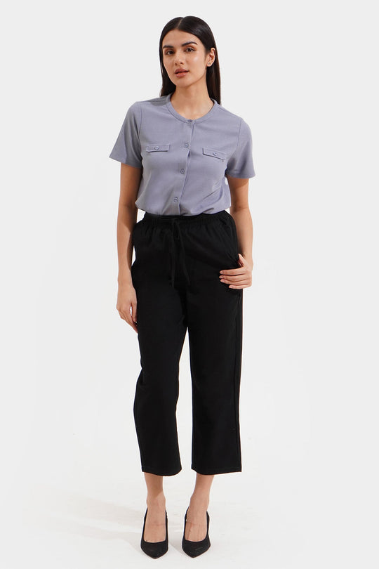Closet Staples Round Neck Button Down Waffle Tee with Faux Pocket Detail