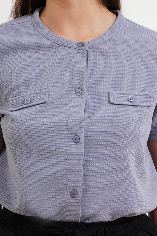 Closet Staples Round Neck Button Down Waffle Tee with Faux Pocket Detail