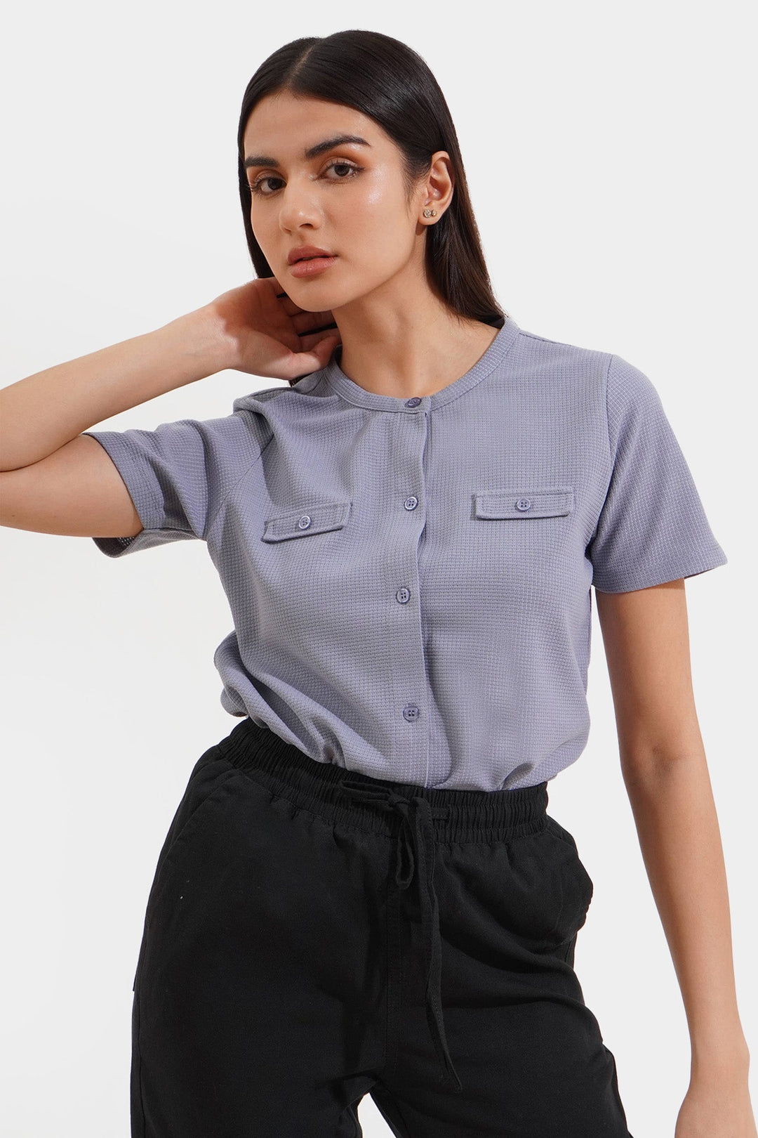 Closet Staples Round Neck Button Down Waffle Tee with Faux Pocket Detail