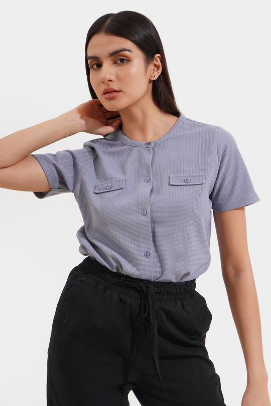 Closet Staples Round Neck Button Down Waffle Tee with Faux Pocket Detail