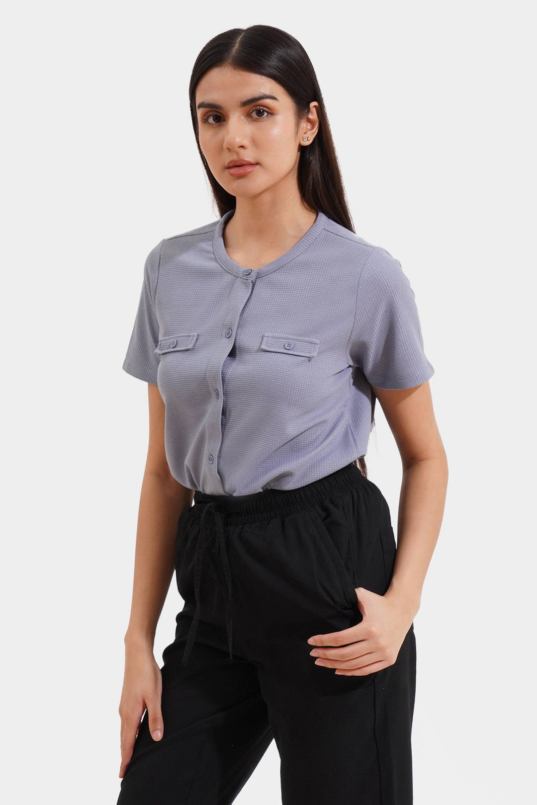 Closet Staples Round Neck Button Down Waffle Tee with Faux Pocket Detail