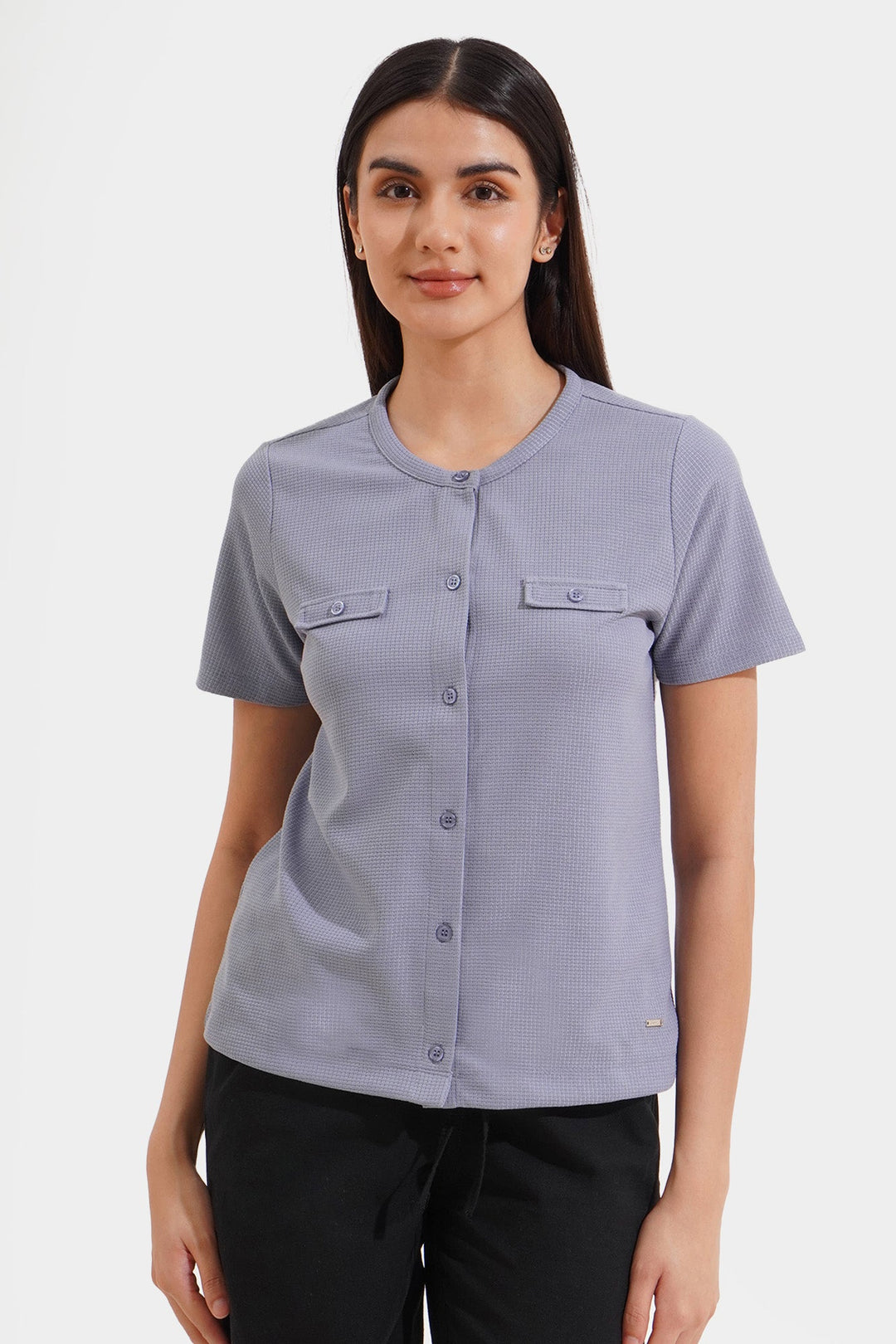 Closet Staples Round Neck Button Down Waffle Tee with Faux Pocket Detail