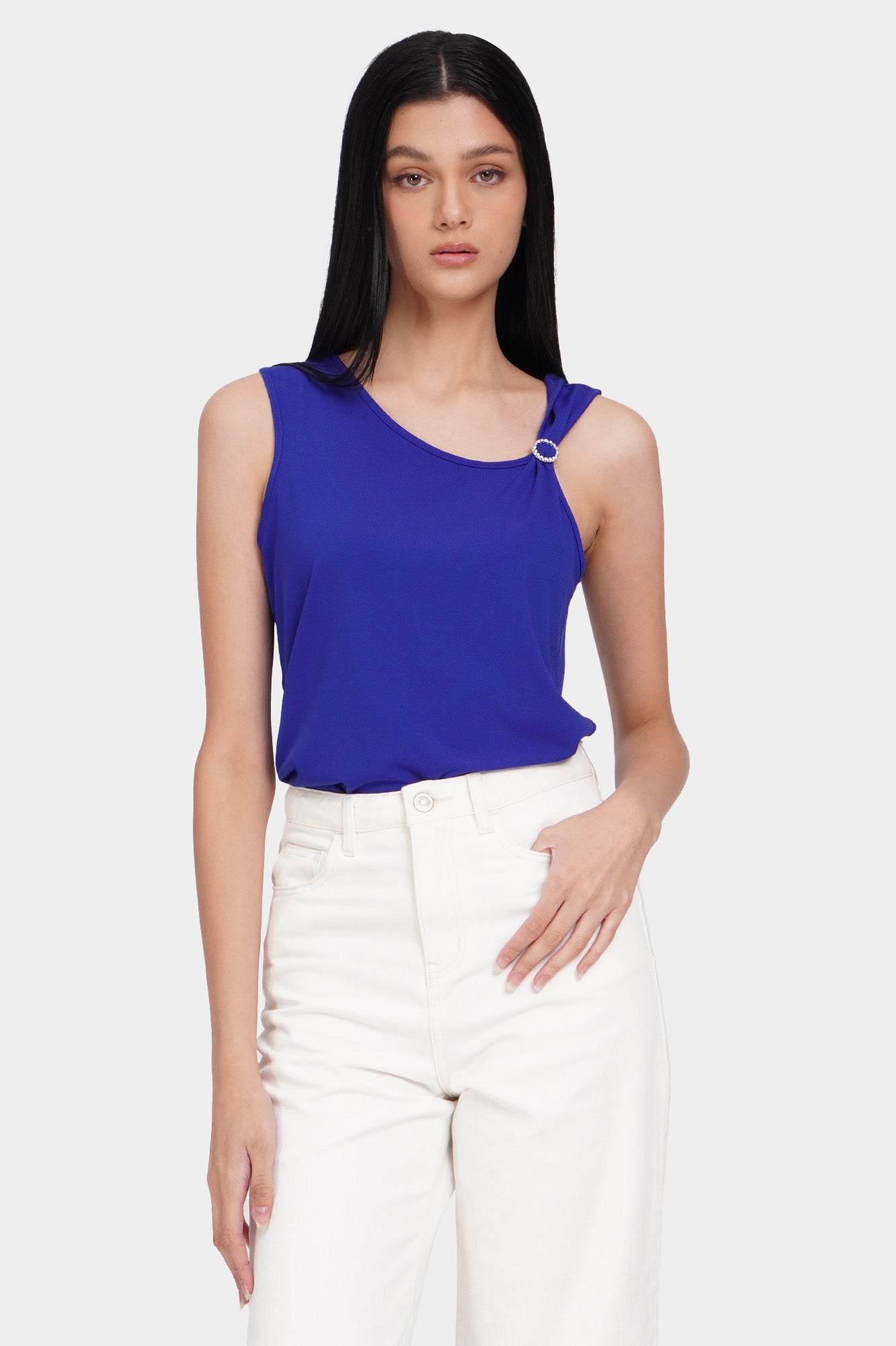 Asymmetrical Knit Top with Silver Applique Detail