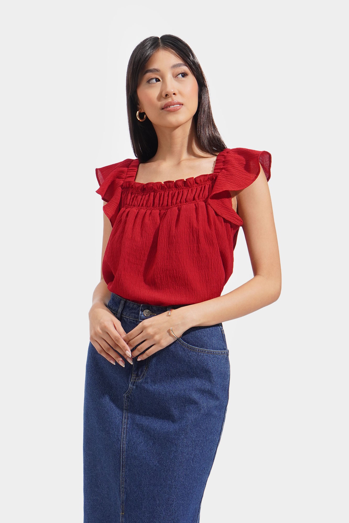 Textured Square Neck Ruched Top