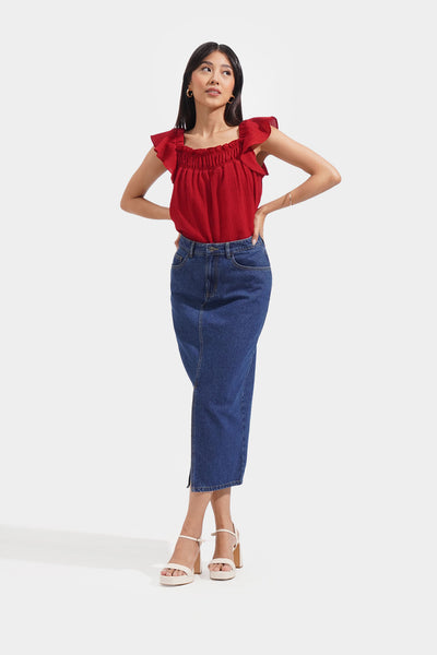 Textured Square Neck Ruched Top