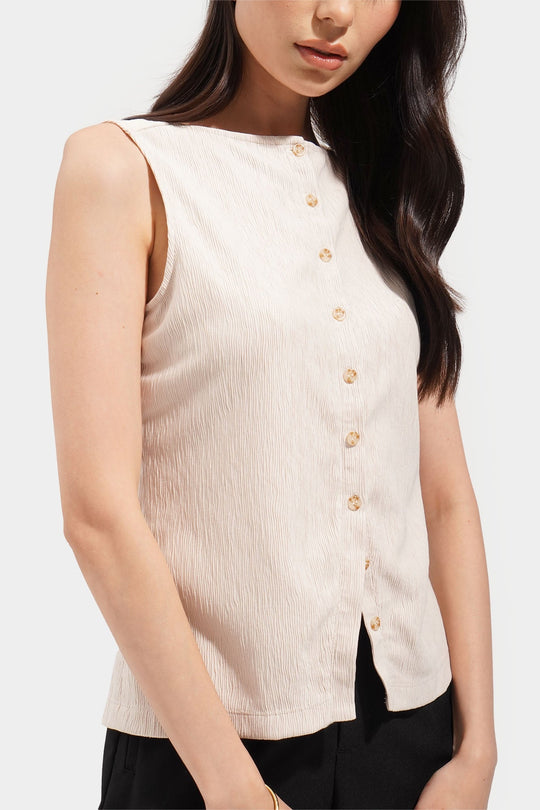 Button Down Boat Neck Knit Top