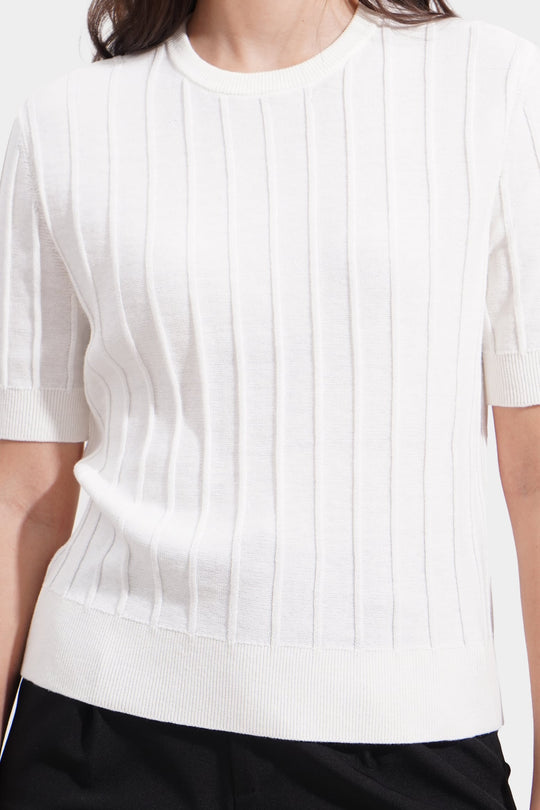 Embossed Ribbed Crew Neck Knitted Tee