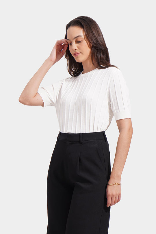 Embossed Ribbed Crew Neck Knitted Tee
