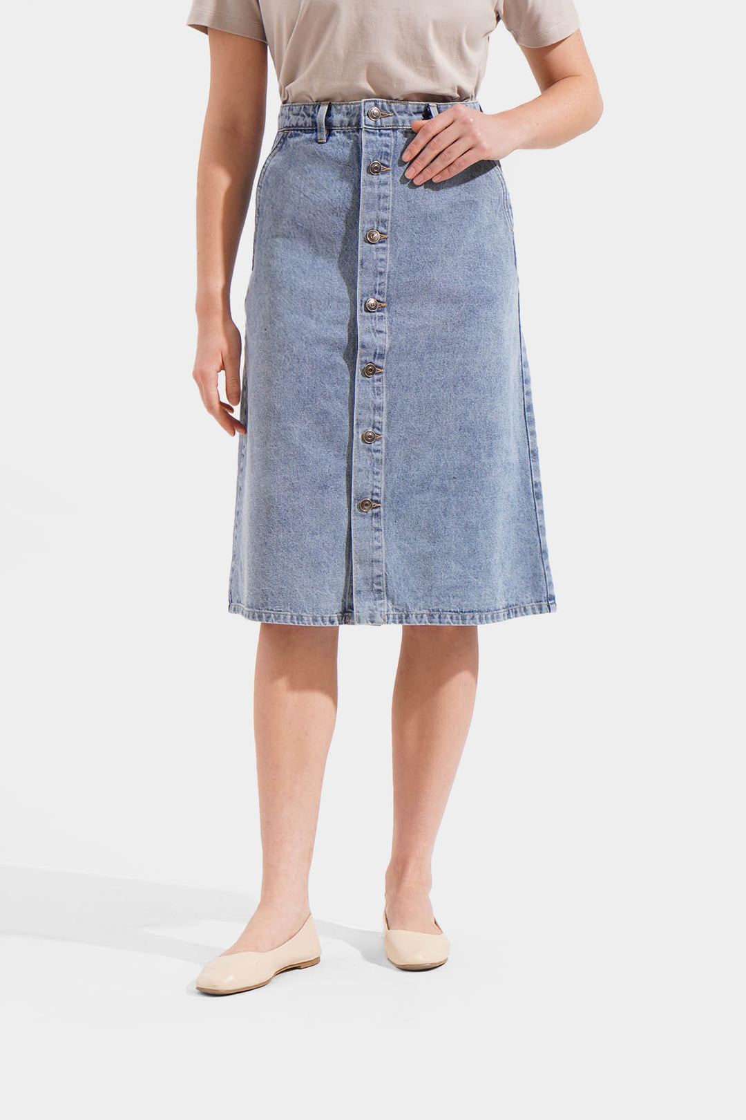Denim A-Line Button Down Midi Skirt – ForMe - Main Image
