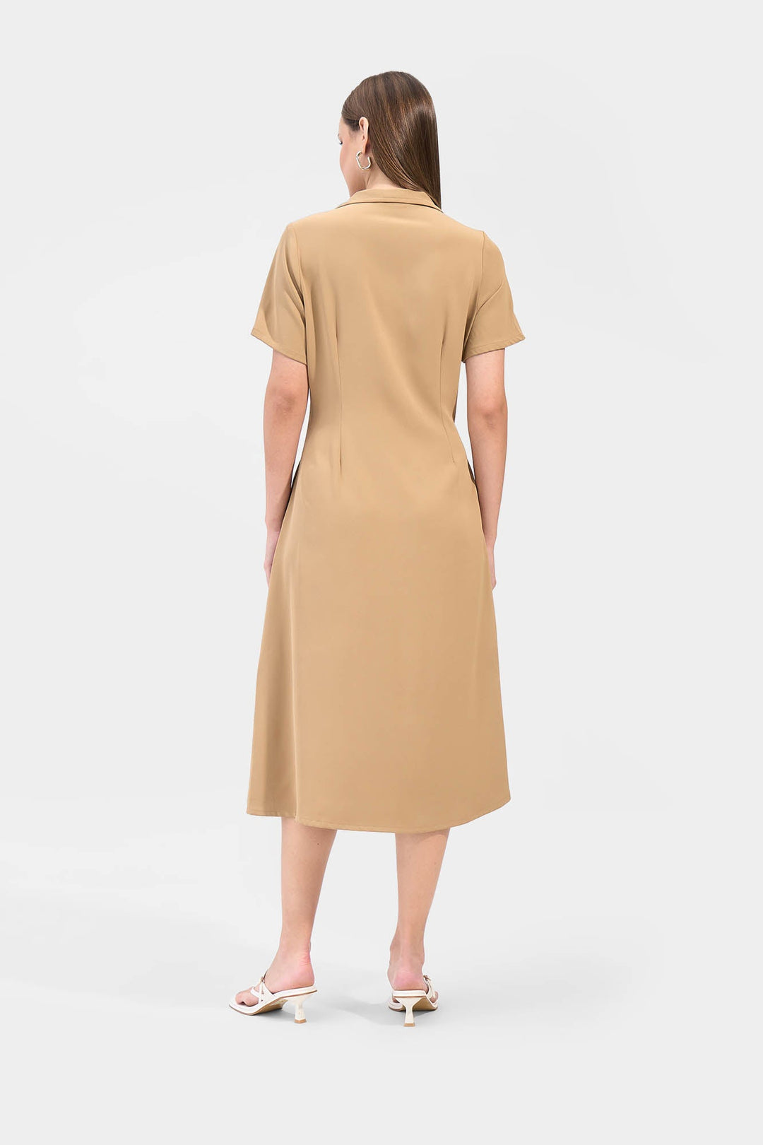 Cap Sleeves Collared V-Neck Midi Dress