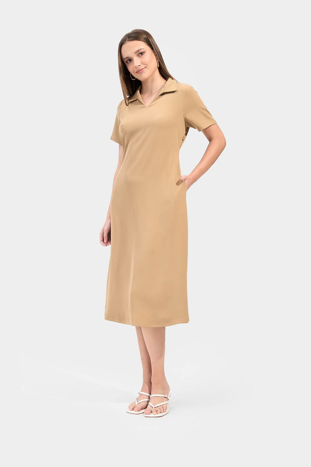 Cap Sleeves Collared V-Neck Midi Dress