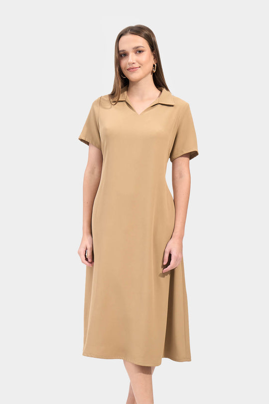 Cap Sleeves Collared V-Neck Midi Dress