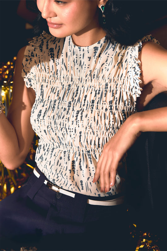 Smocked All Over Print Sleeveless Blouse