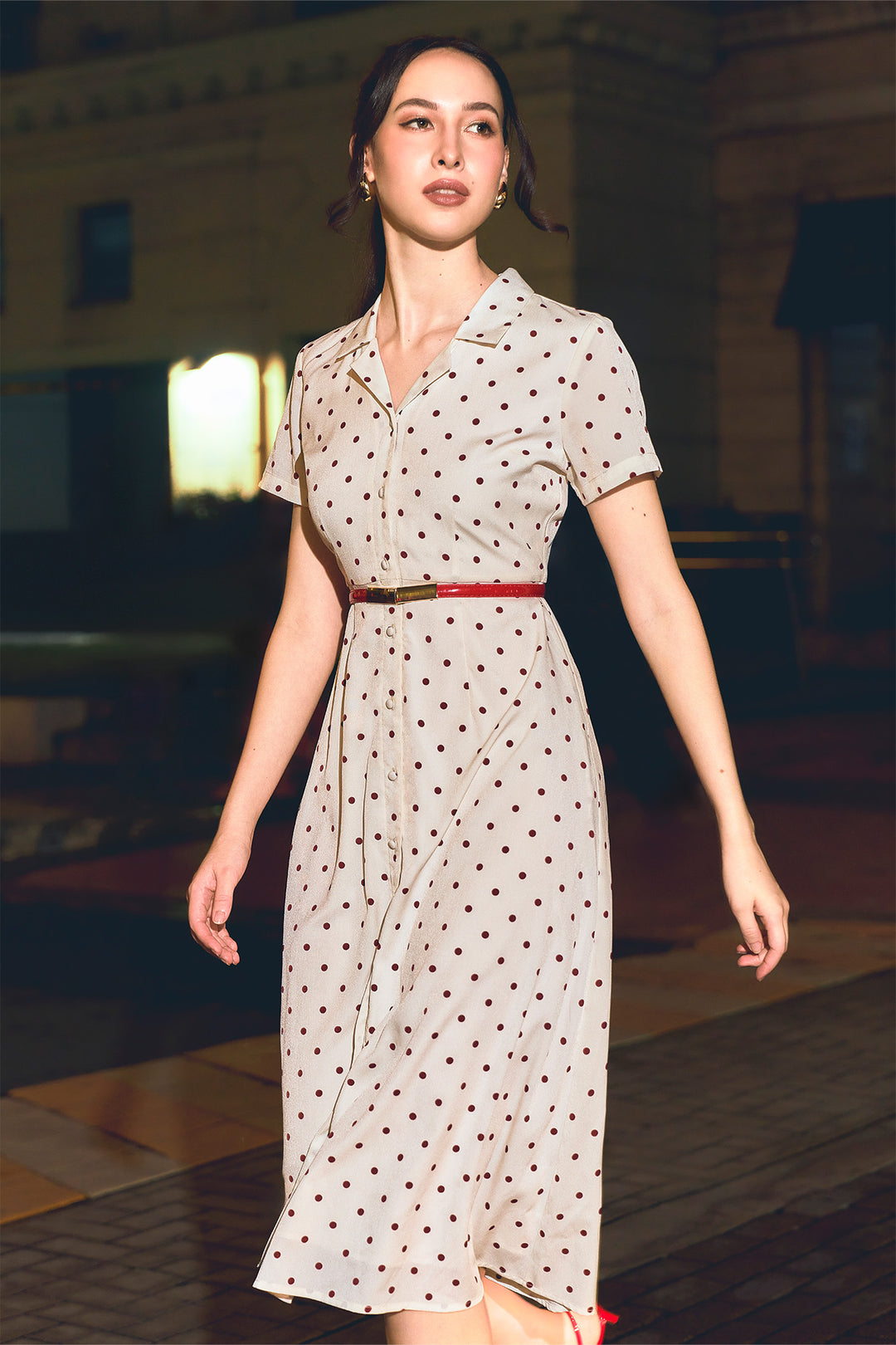 Button Down Midi Dress with Self Fabric Buckled Belt