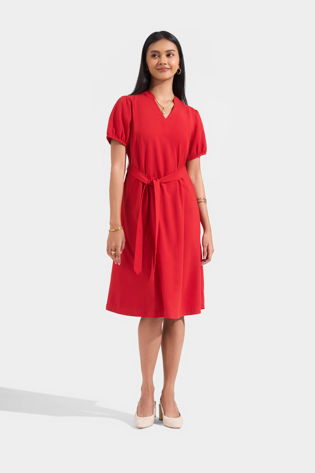 Henly Neck Puff Sleeves Dress