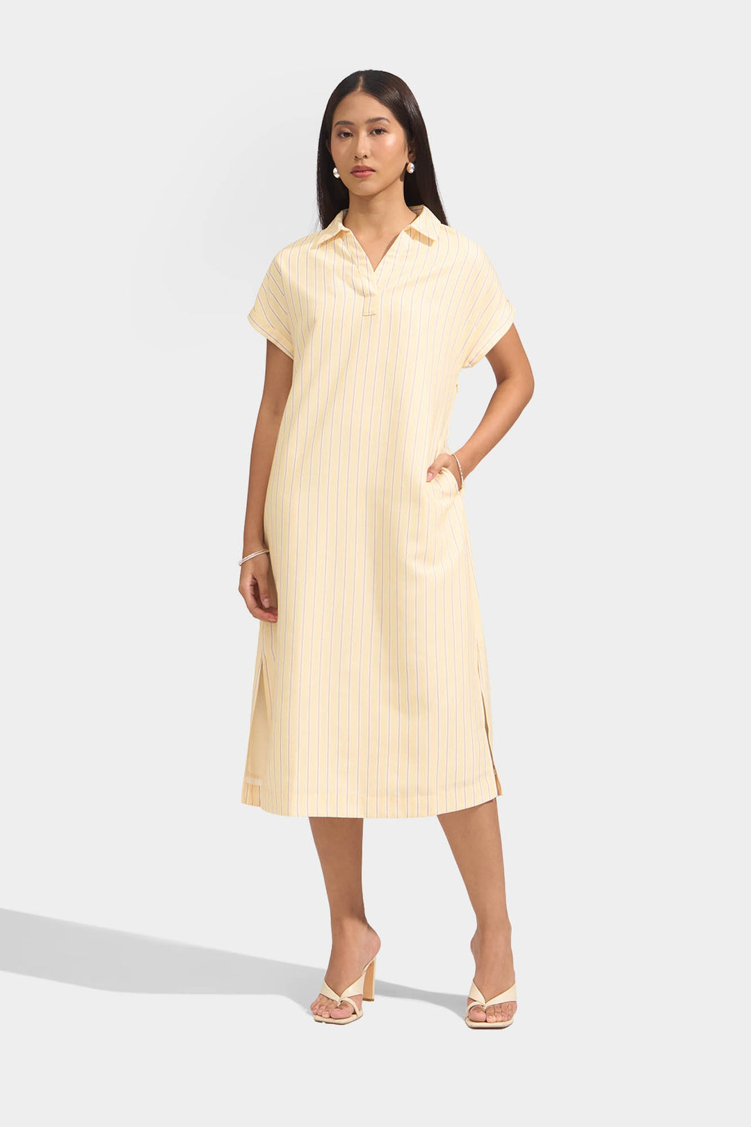 Striped Extended Sleeved Easy Shirt Dress Striped Extended Sleeved Easy Shirt Dress