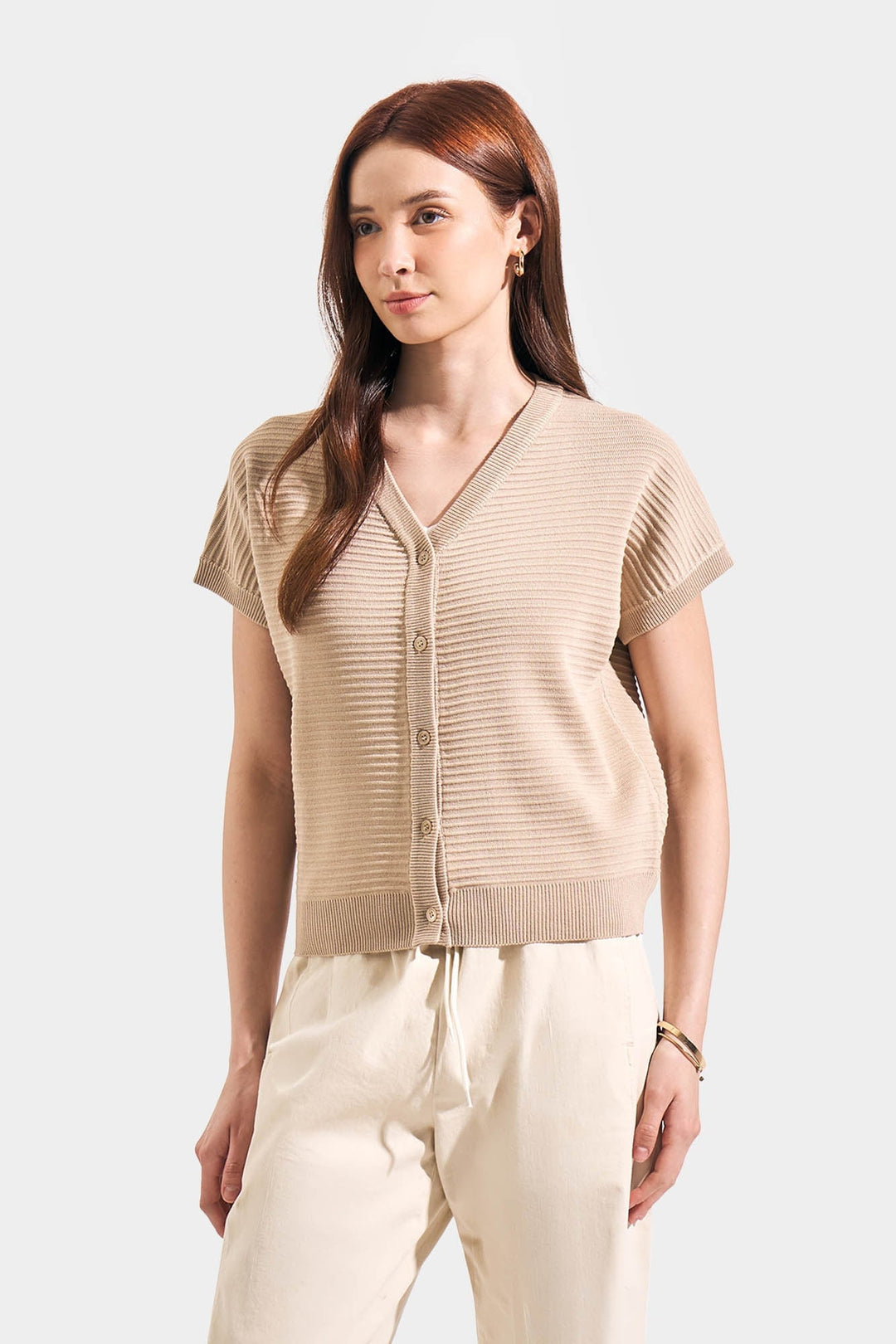 Textured Flat Knit Button Down Top