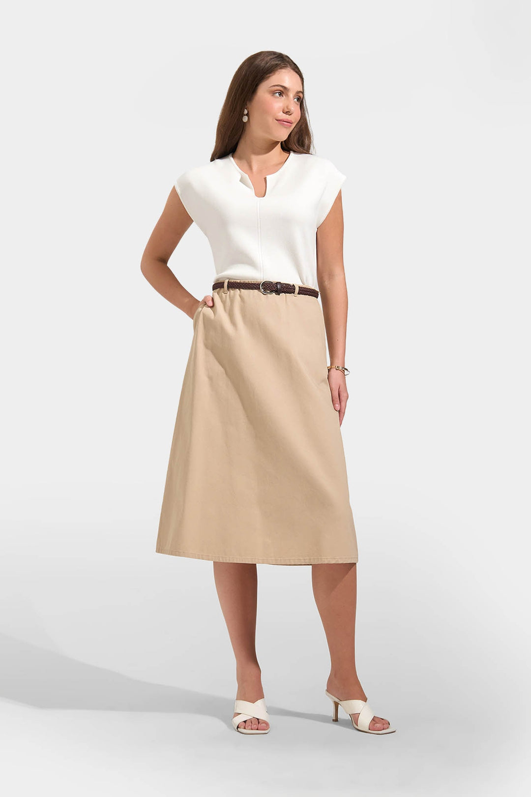 A-Line Midi Skirt with Braided Belt