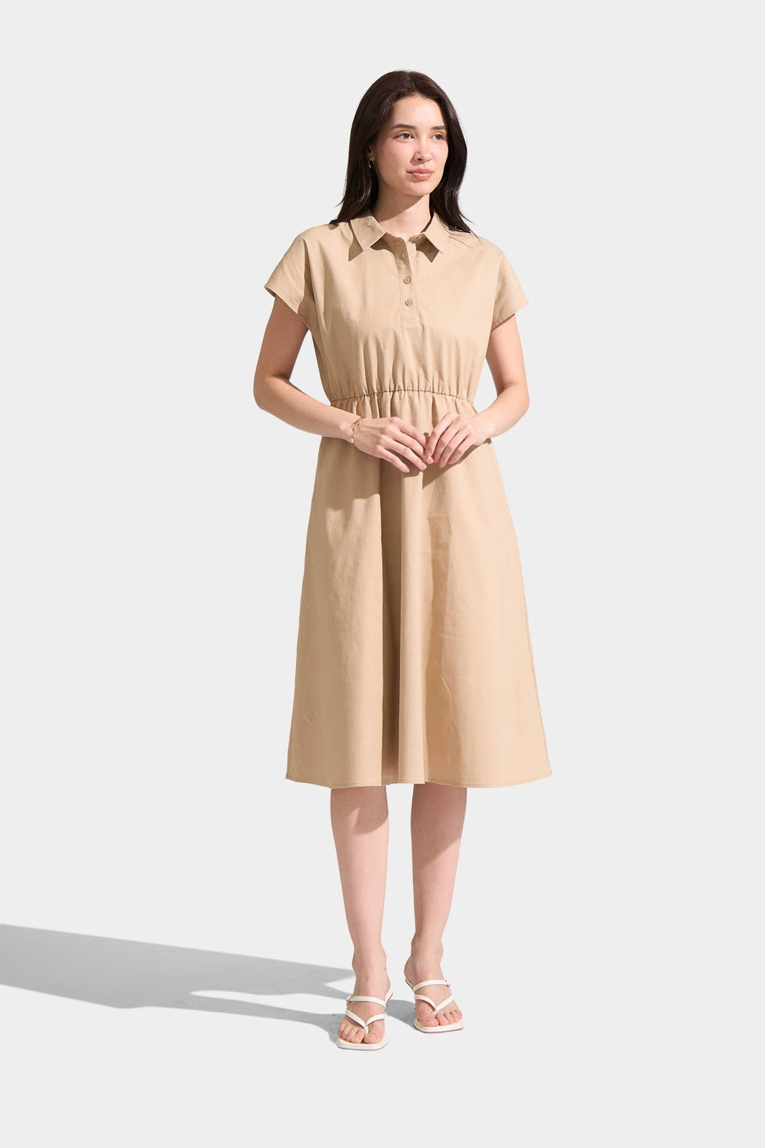 Extended Sleeve Button Down Midi Dress