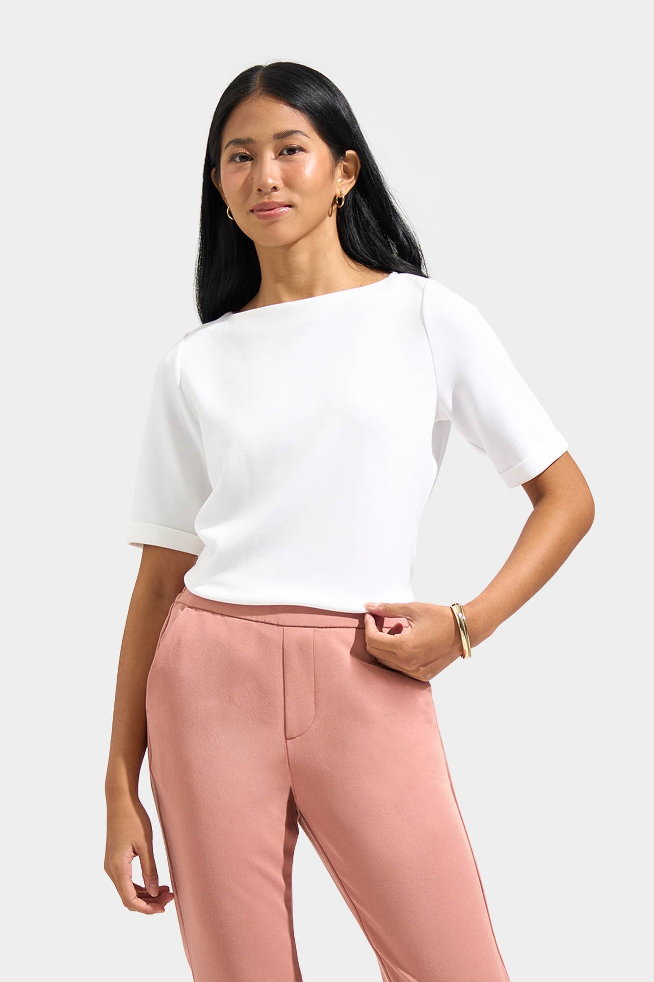 Boat Neck Tee with Fold-Up Sleeves – ForMe