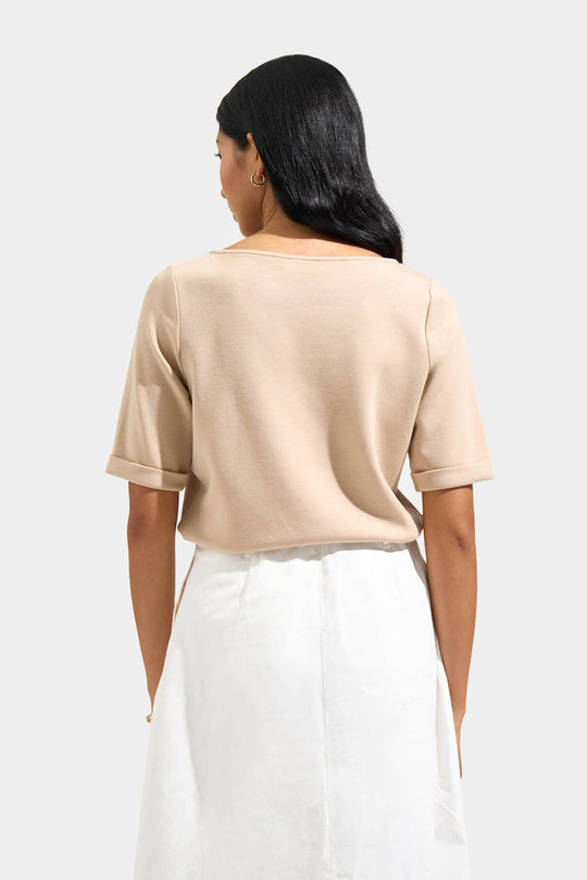 Boat Neck Tee with Fold-Up Sleeves