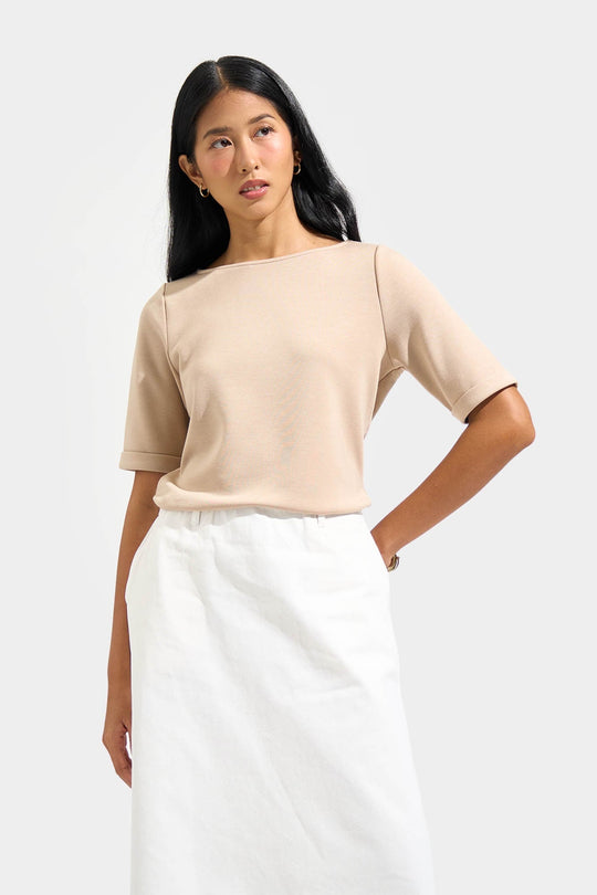Boat Neck Tee with Fold-Up Sleeves