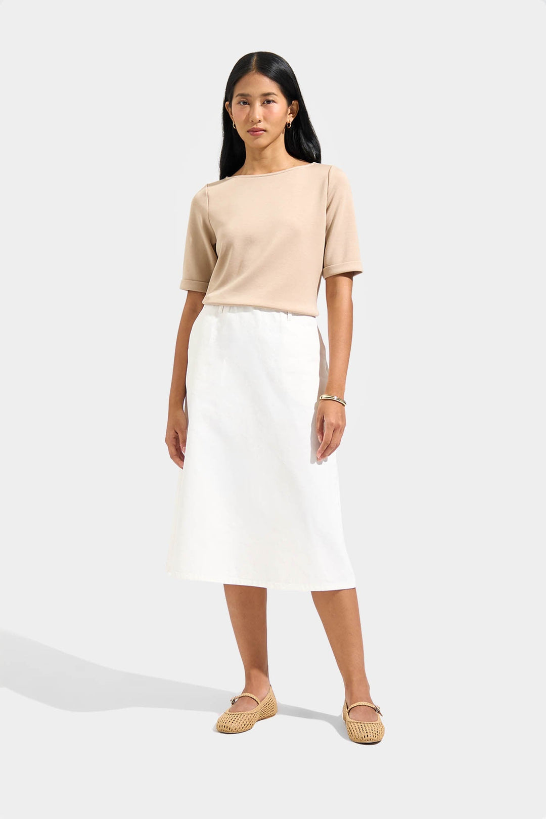 Boat Neck Tee with Fold-Up Sleeves