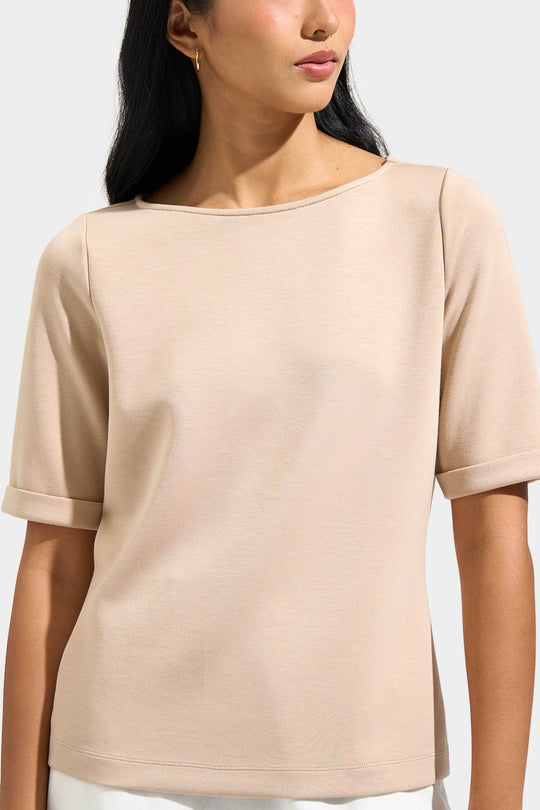 Boat Neck Tee with Fold-Up Sleeves