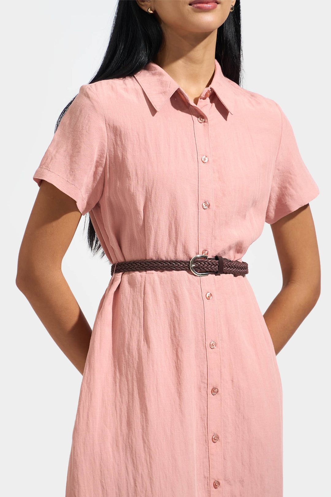 Shirt Midi Dress with Braided Belt
