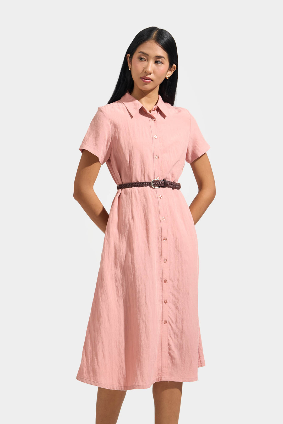 Shirt Midi Dress with Braided Belt