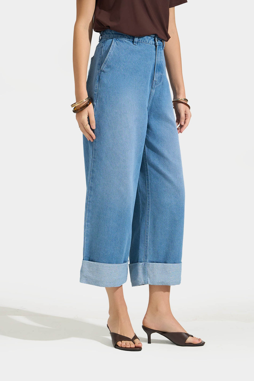 Denim Culottes with Folded Hem Detail