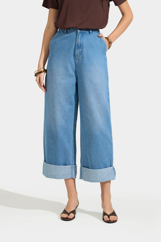 Denim Culottes with Folded Hem Detail