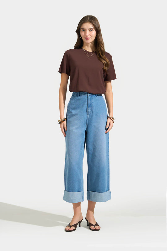 Denim Culottes with Folded Hem Detail