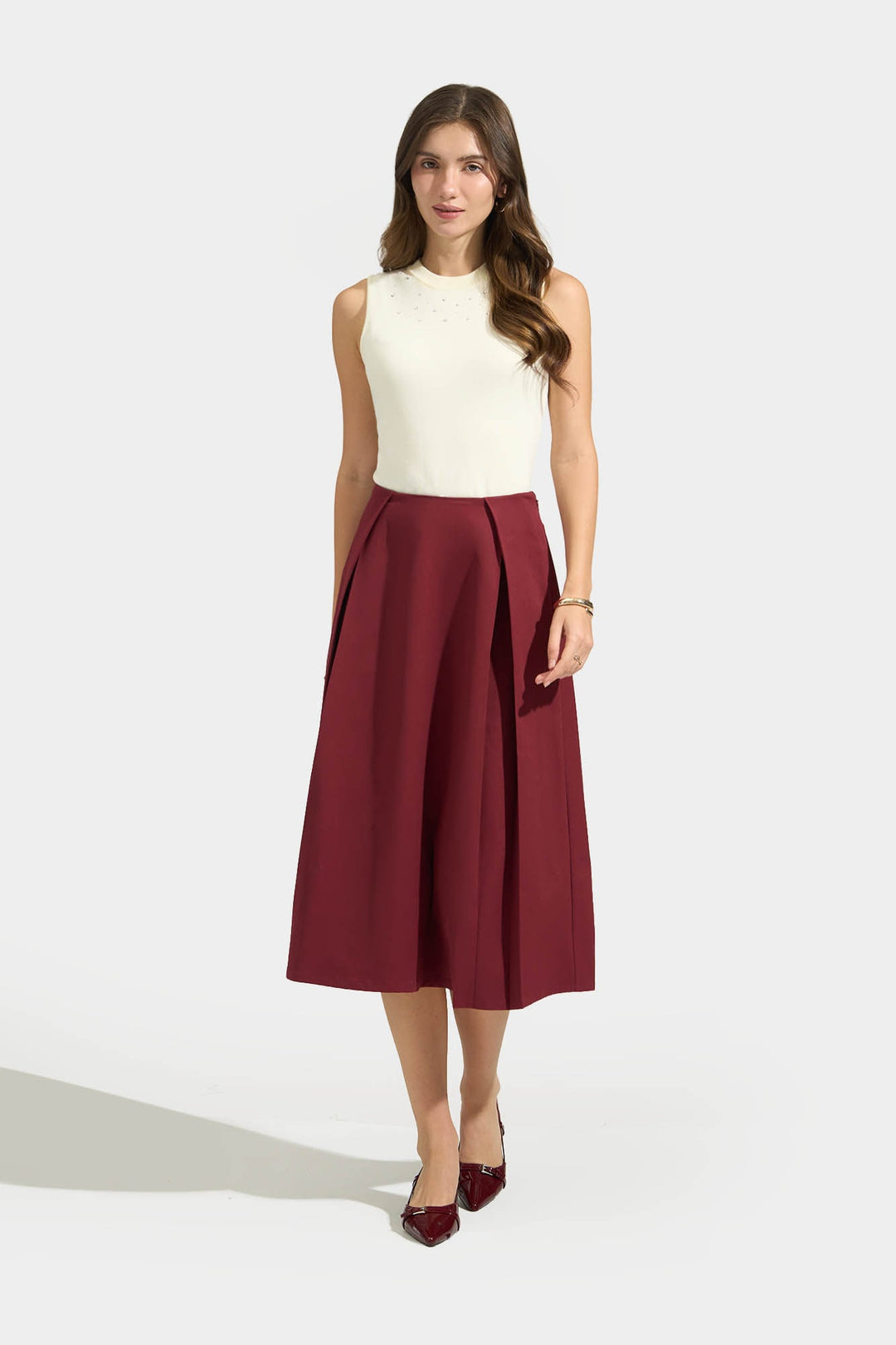 A-Line Midi Skirt with Overlap Pleat