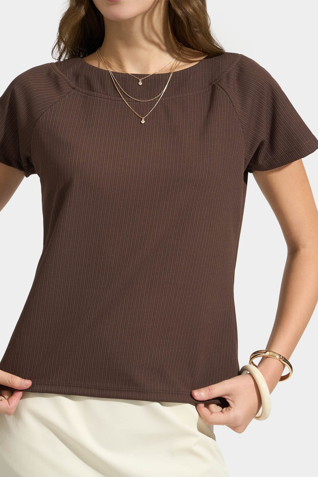 Ribbed Raglan Cap Sleeve T-Shirt