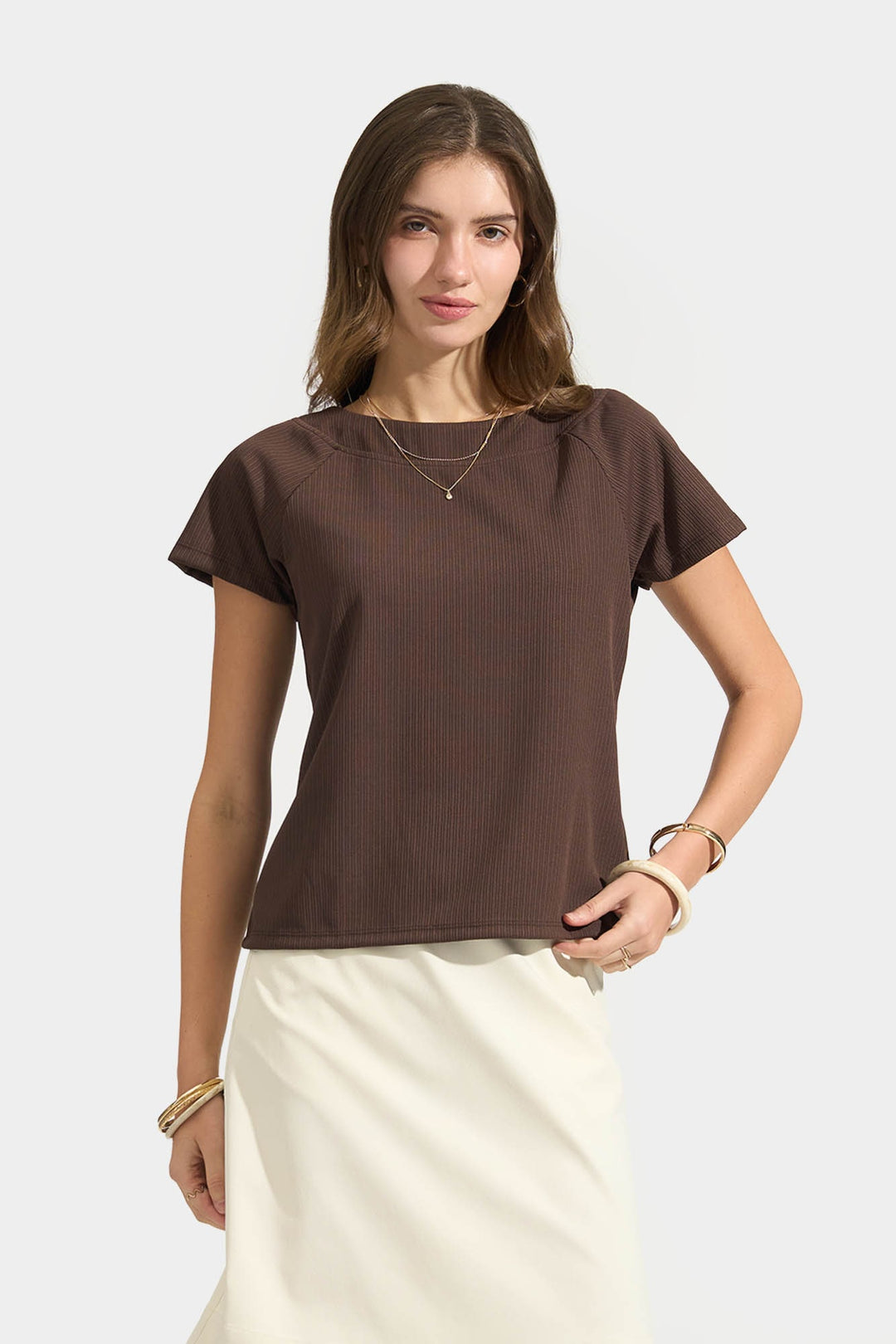 Ribbed Raglan Cap Sleeve T-Shirt