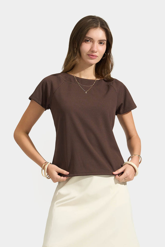 Ribbed Raglan Cap Sleeve T-Shirt