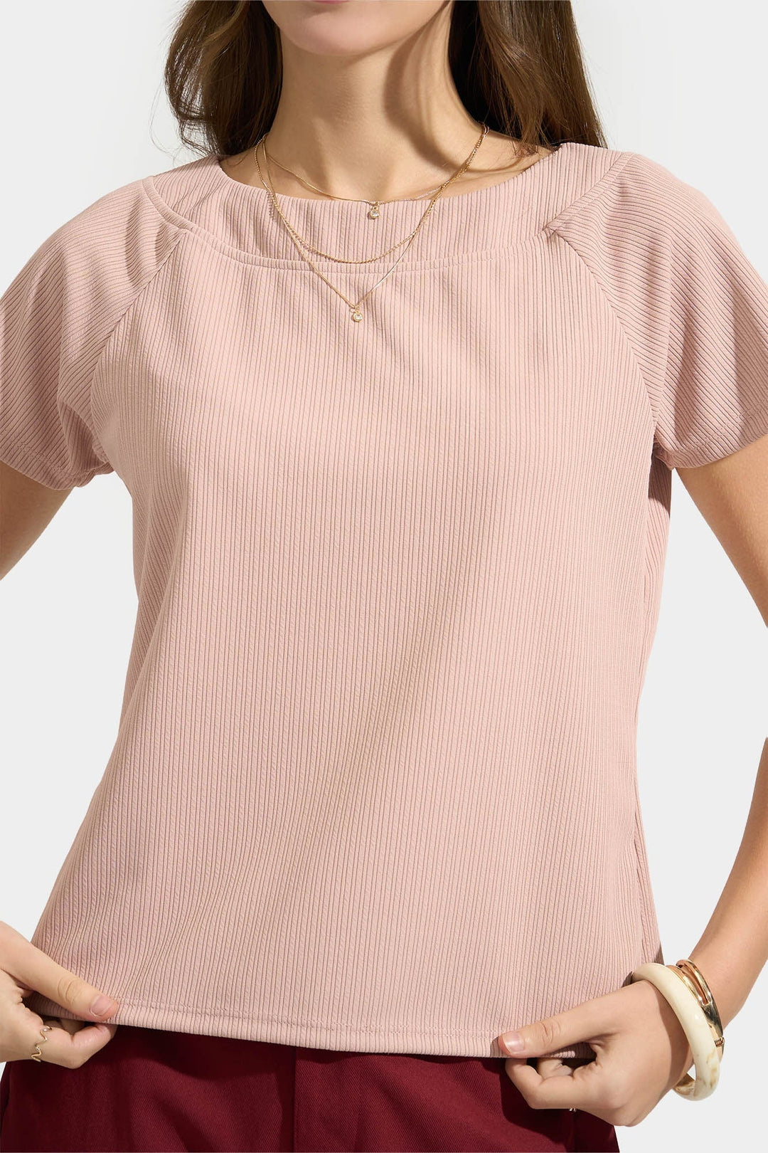 Ribbed Raglan Cap Sleeve T-Shirt