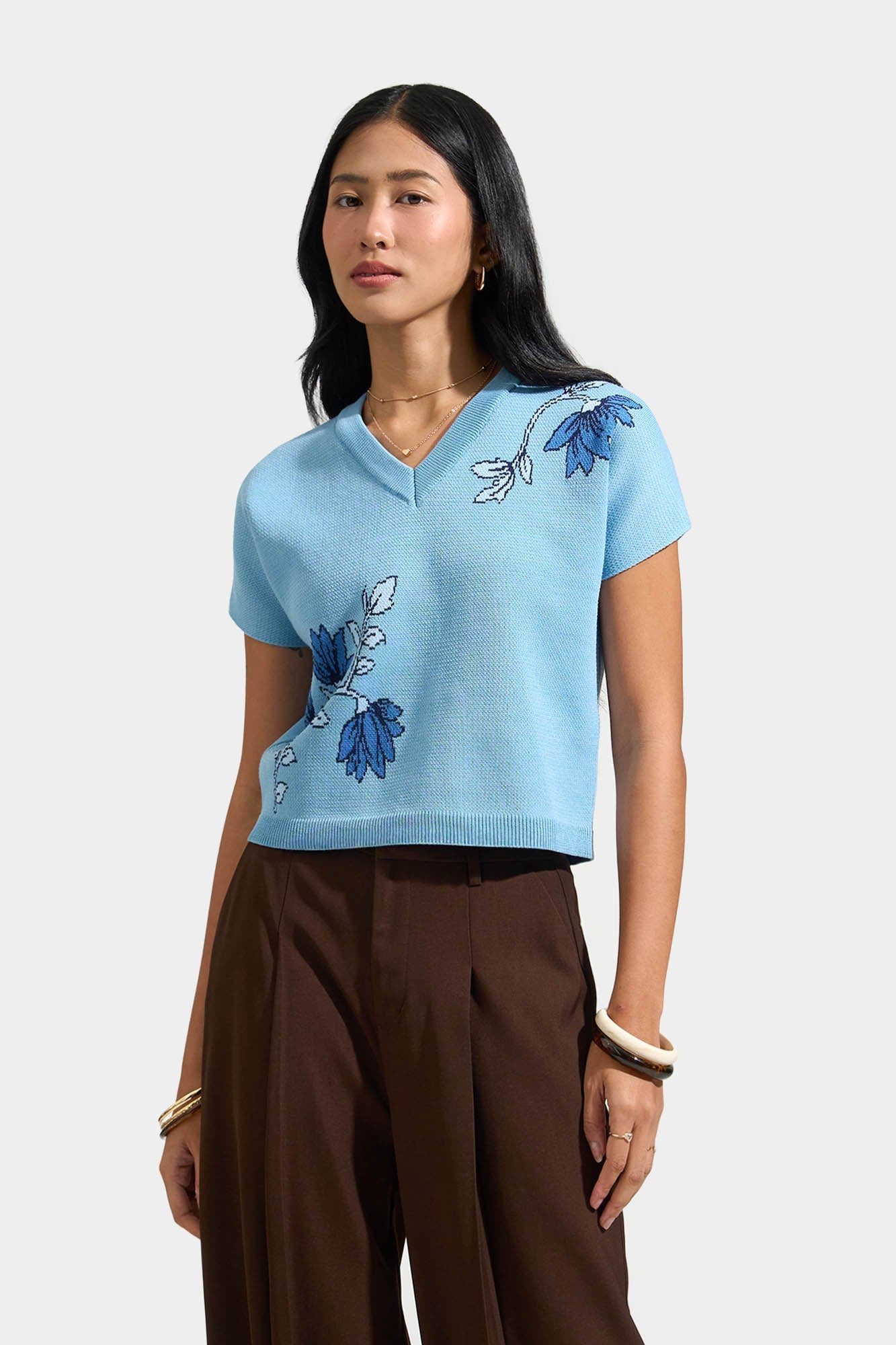 Blue Side Flower Flat Knit – ForMe