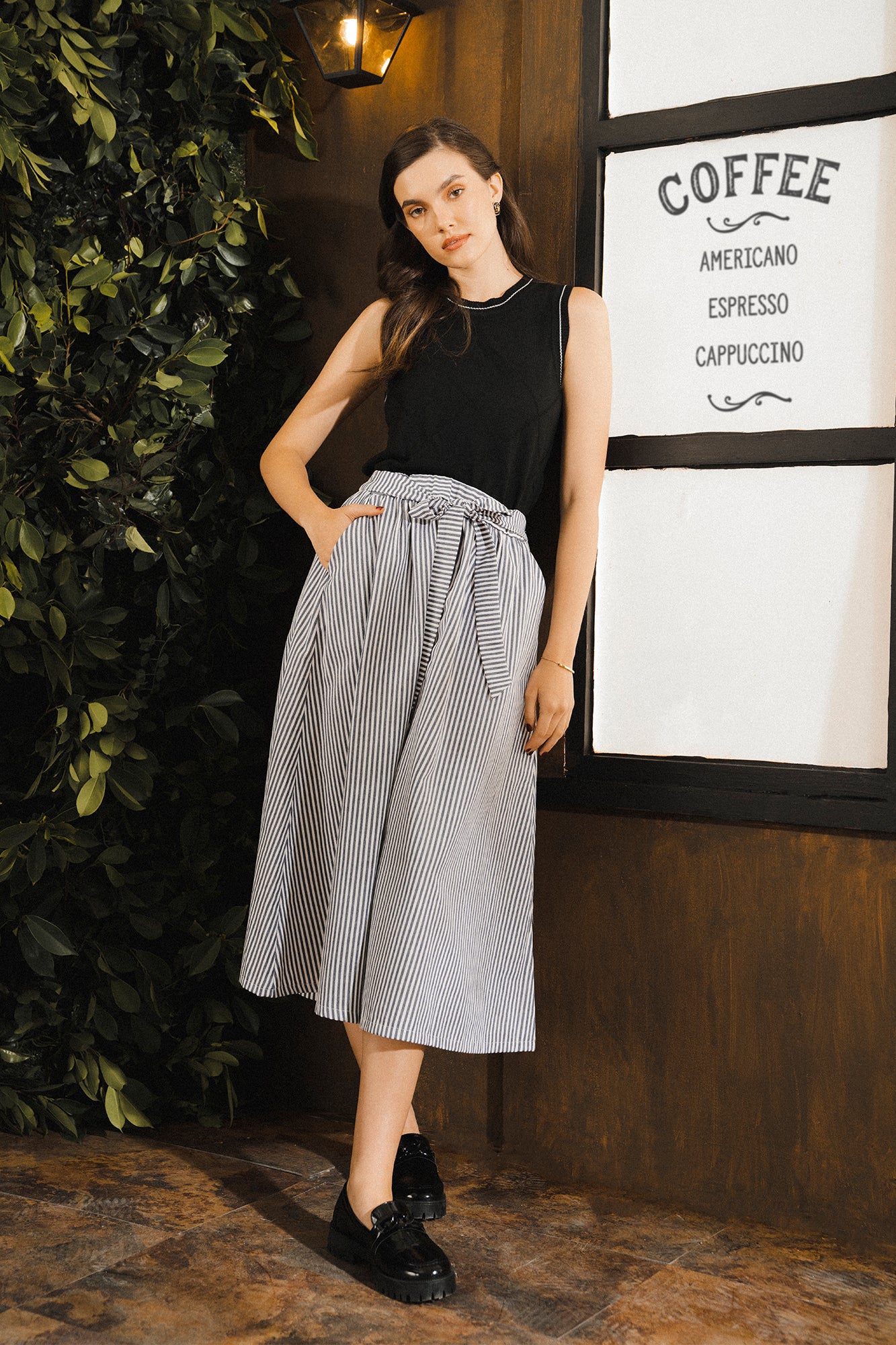 Striped Tie Waist Midi Skirt