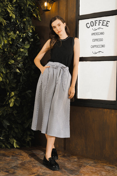 Striped Tie Waist Midi Skirt