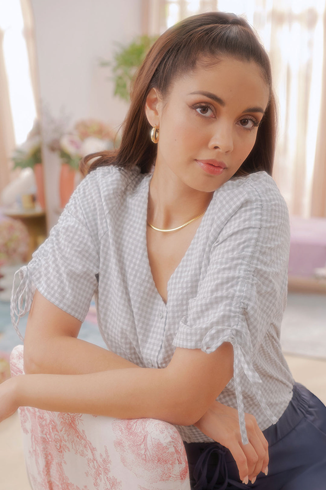 Ruched Sleeve Gingham Shirt