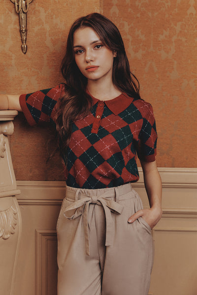 Checkered Flat Knit Collared Tee