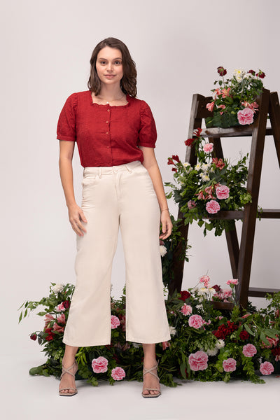 Eyelet Scoop Ruffle Neck Top